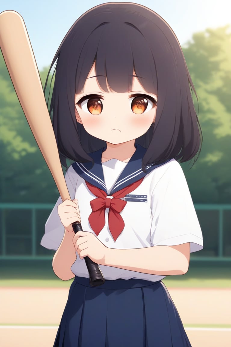 1girl, pouty face, frown, pov, holding baseball bat, outdoors, looking at viewer, school uniform