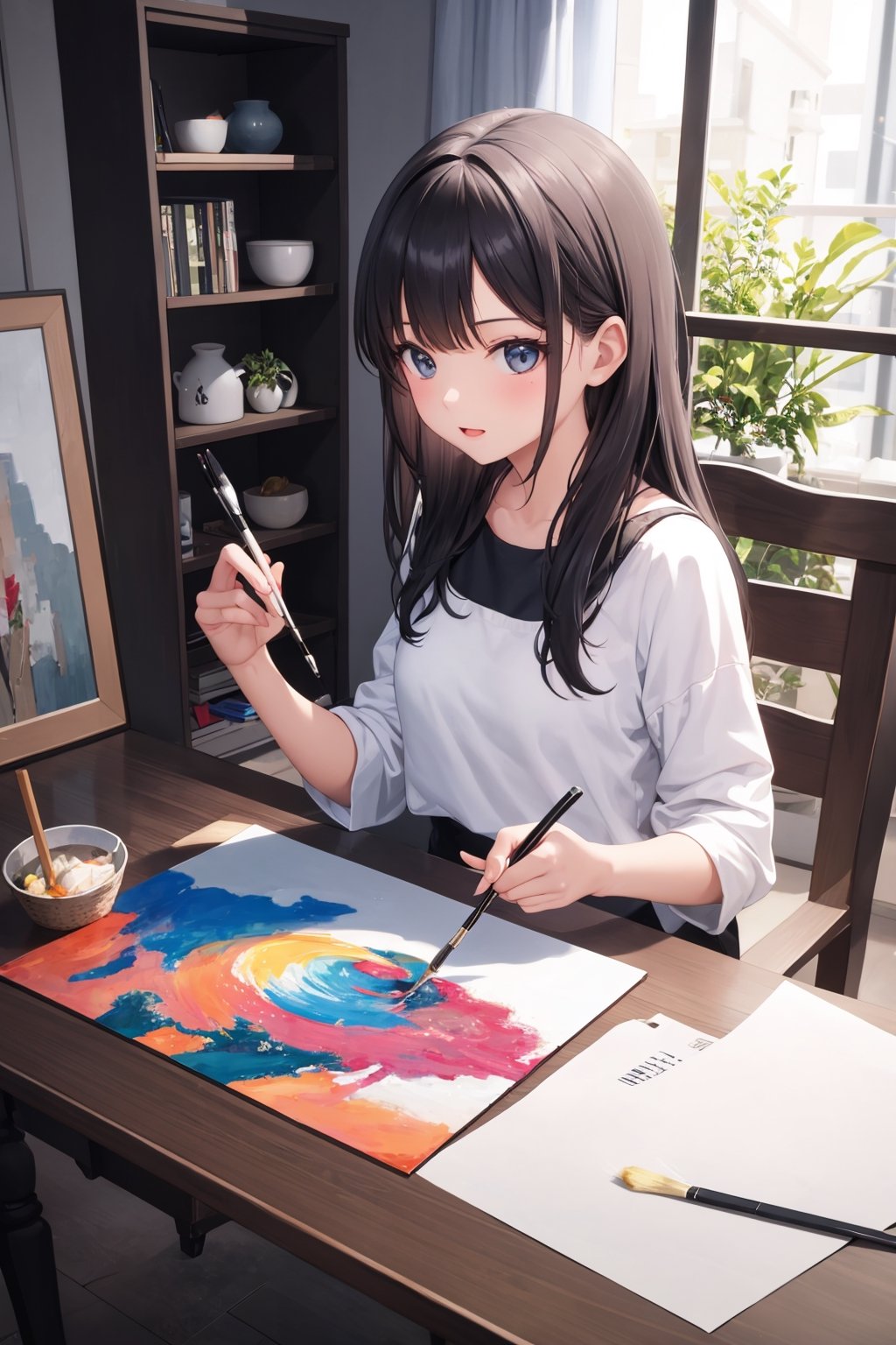 1girl, painter, fullcolor, indoors, 