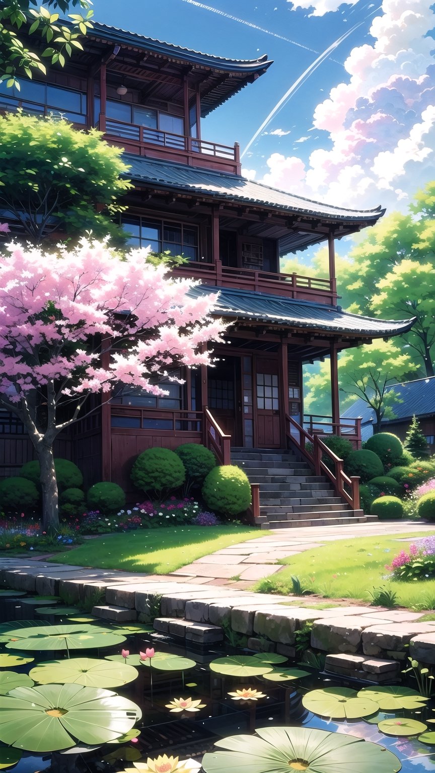 (Masterpiece, best quality, high resolution, super detailed, detailed background: 1.2), 64k, ultra-detailed, ultra-accurate detail, bokeh lighting, near perfect, dynamic, highly detailed, flower, outdoors, sky, day, cloud, water, cherry tree, blue sky, no humans, cloudy sky, building, scenery, reflection, pink flowers, stairs, architecture, house, east asian architecture, lily pad, lotus, pond, reflective water