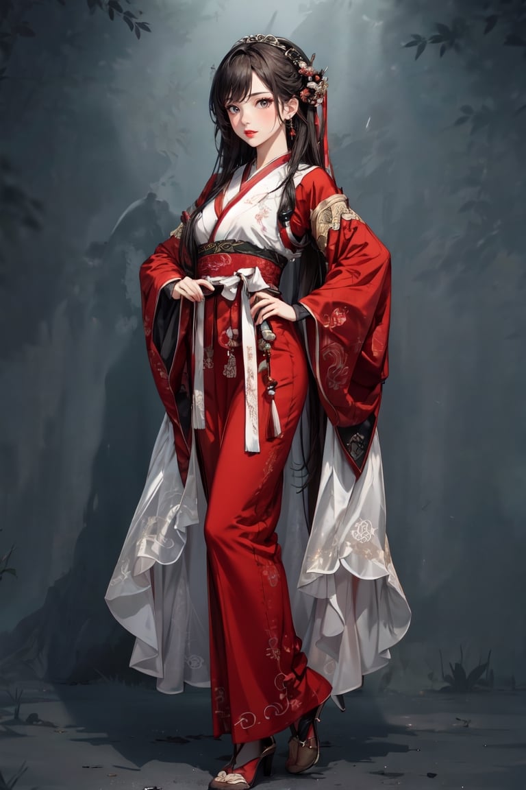 (Masterpiece), (Best quality: 1.0), (Super high confidence: 1.0), Detailed description, 8K, Hanfu,gray background, standing pose, full body in the camera, front, 1 girl, wearing a red dress, Pretty face, detailed face, pretty eyes, detailed face, bright red lips, red lipstick, beautiful stylish hair, head bangs style, best quality, vibrant, illustration,perfect