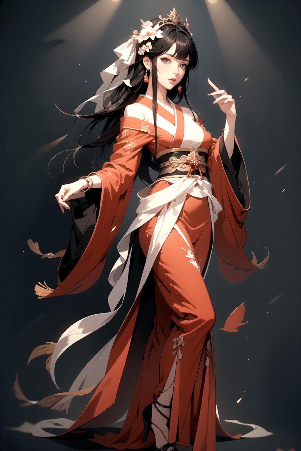 (Masterpiece), (Best Quality: 1.0), (Ultra High Definition: 1.0), Detailed description, 8K, gray background, standing pose, full body, Japanese cartoon, 1 girl, beautiful Japanese cartoon girl, Wearing red dress, flower crown, pretty face, detailed face, beautiful eyes, detailed eyes, bright red lips, red lipstick, beautiful stylish hair, highlights in hair, bangs japanese cartoon style, best quality,illustration,Perfectly detailed fingers, the right number of fingers,