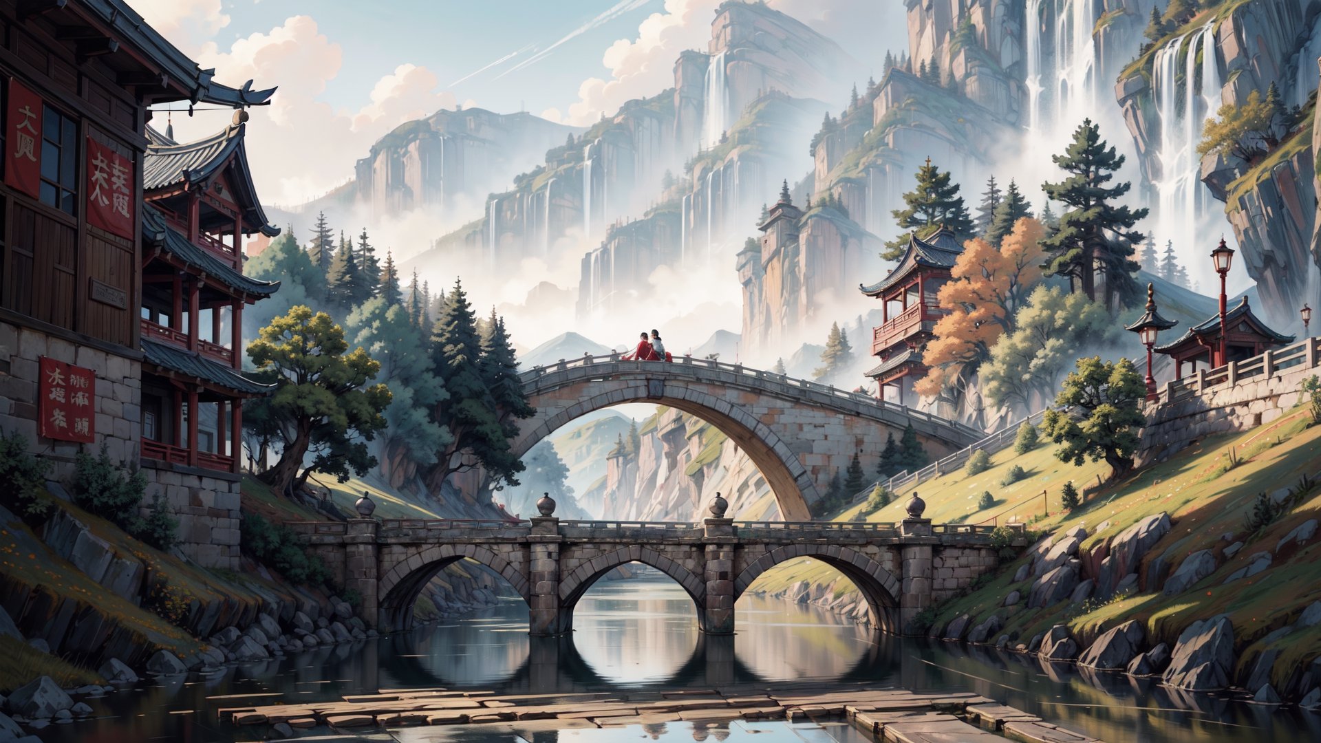 (masterpiece, best quality, highres, ultra detailed, detailed background:1.2),Disney style,64k, ultra-detailed, ultra-accurate detail, bokeh lighting, near perfect, dynamic, highly detailed,pure background,Chinese landscape painting style, small bridge, flowing water,pastelbg