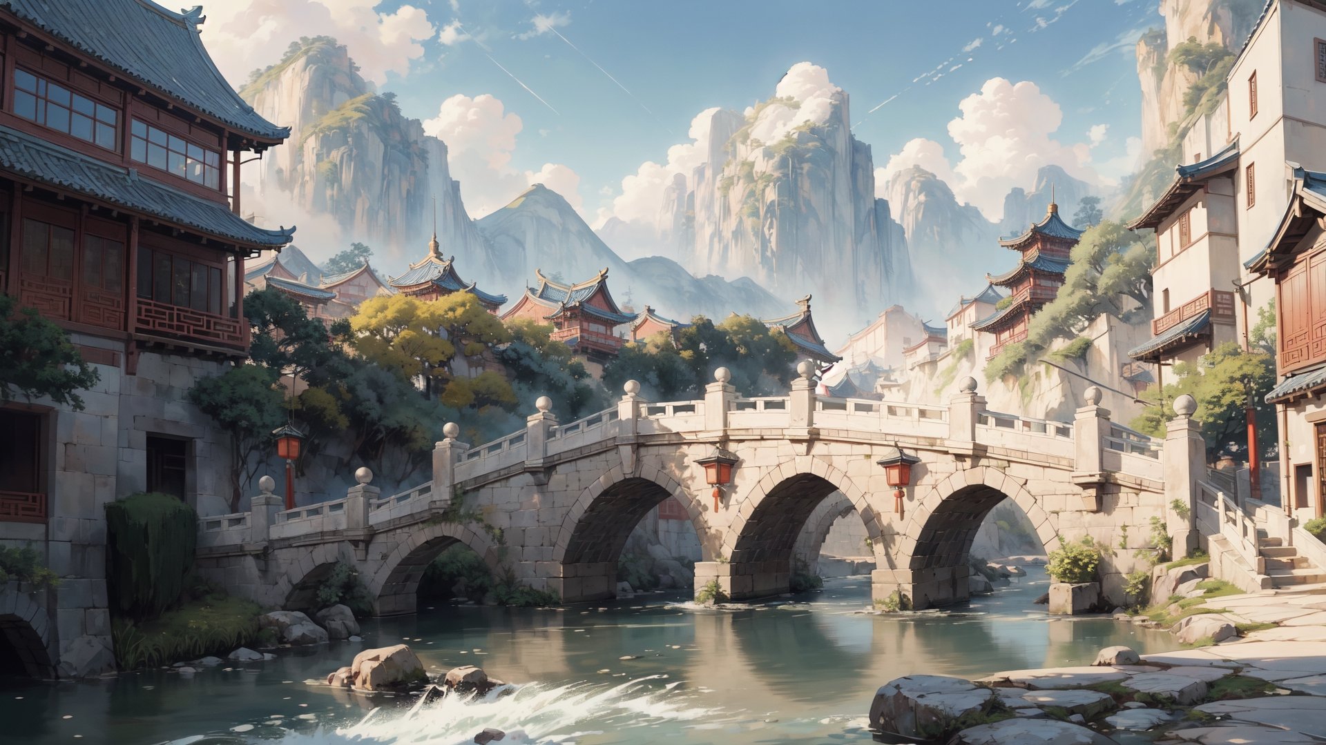 (masterpiece, best quality, highres, ultra detailed, detailed background:1.2),Disney style,64k, ultra-detailed, ultra-accurate detail, bokeh lighting, near perfect, dynamic, highly detailed,pure background,Chinese landscape painting style, small bridge, flowing water,pastelbg