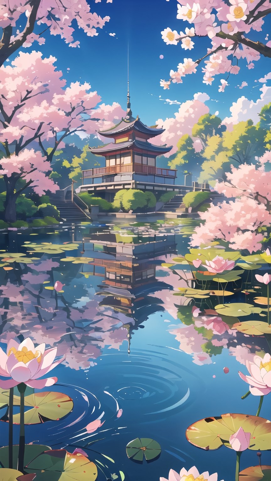 (Masterpiece, best quality, high resolution, super detailed, detailed background: 1.2), 64k, ultra-detailed, ultra-accurate detail, bokeh lighting, near perfect, dynamic, highly detailed, flower, outdoors, sky, day, cloud, water, cherry tree, blue sky, no humans, cloudy sky, building, scenery, reflection, pink flowers, stairs, architecture, house, east asian architecture, lily pad, lotus, pond, reflective water