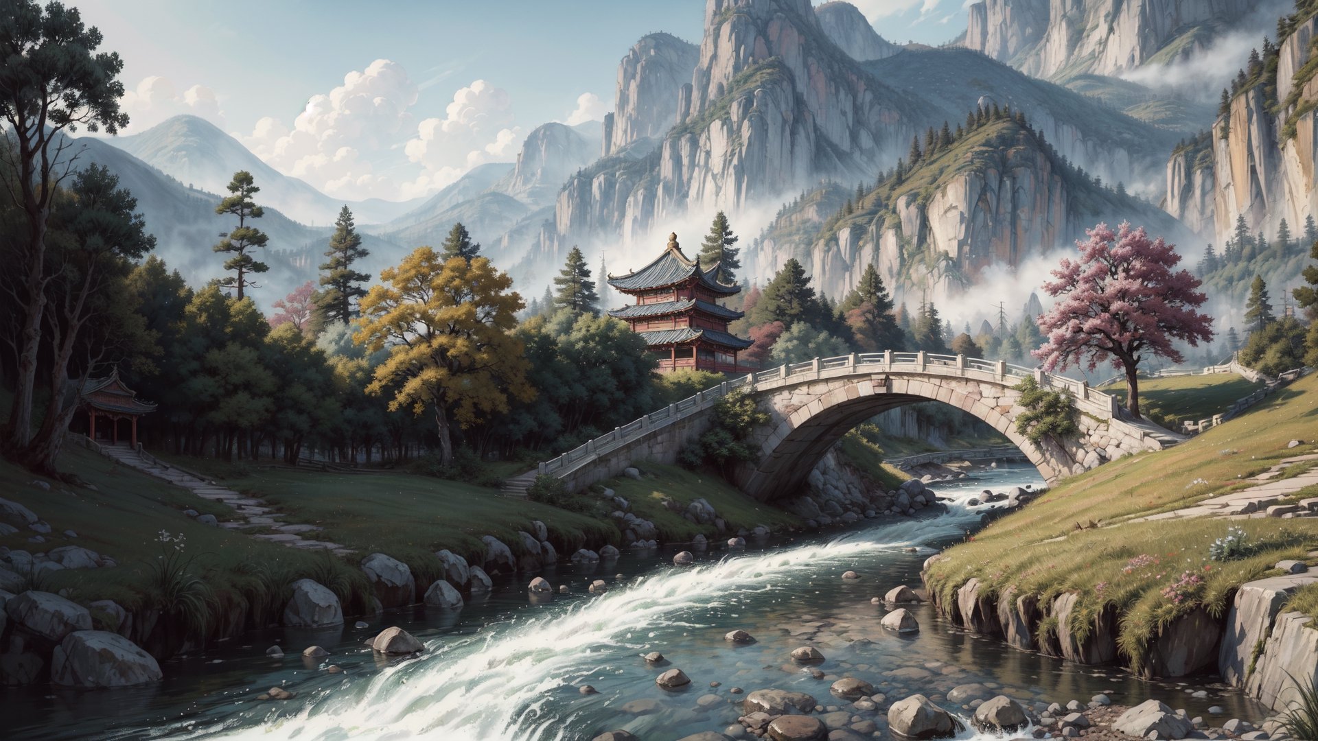 (masterpiece, best quality, highres, ultra detailed, detailed background:1.2),(No humans:1.3),Disney style,64k, ultra-detailed, ultra-accurate detail, bokeh lighting, near perfect, dynamic, highly detailed,pure background,Chinese landscape painting style, small bridge, flowing water,pastelbg,masterpiece