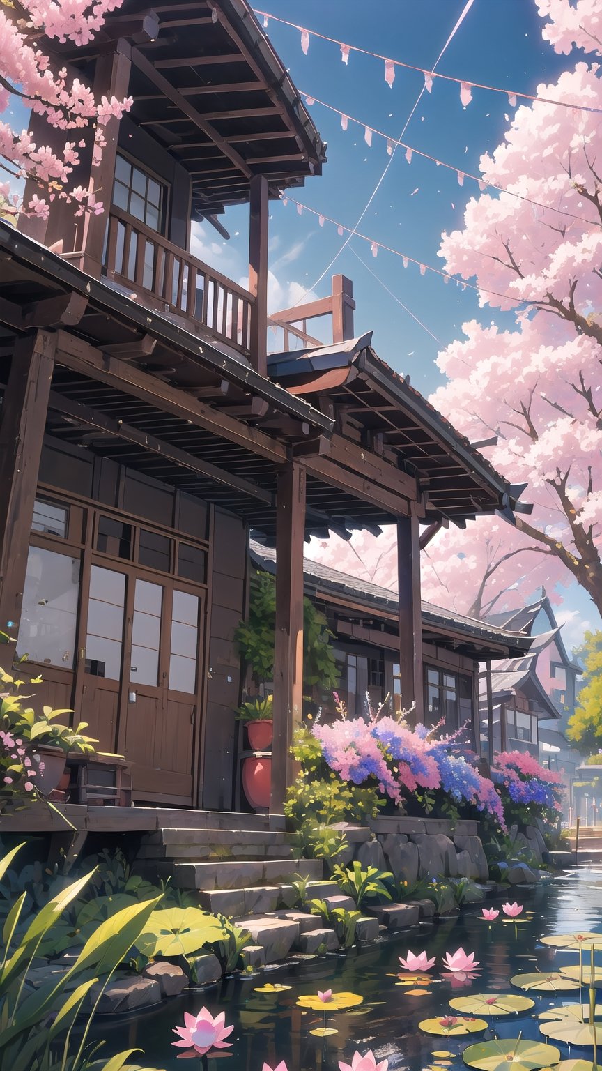 (Masterpiece, best quality, high resolution, super detailed, detailed background: 1.2), 64k, ultra-detailed, ultra-accurate detail, bokeh lighting, near perfect, dynamic, highly detailed, 

flower, outdoors, sky, day, cloud, water, cherry tree, blue sky, no humans, cloudy sky, building, scenery, reflection, pink flowers, stairs, architecture, house, east asian architecture, lily pad, lotus, pond, reflective water