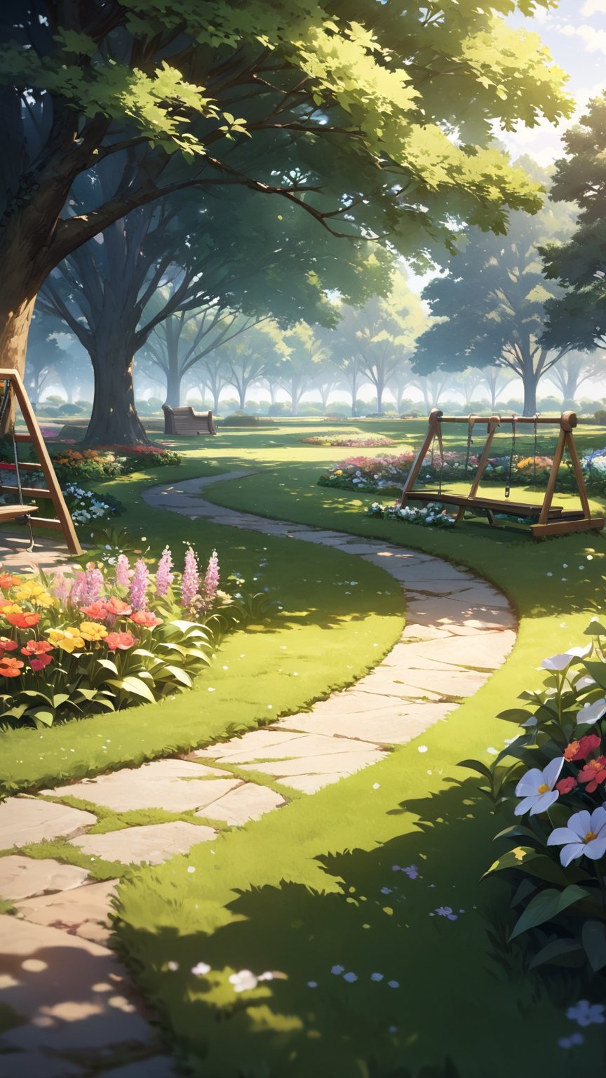 (masterpiece),((ultra-detailed)), (highly detailed CG illustration),(expressionless), (best quality:1.2), High quality texture, intricate details, detailed texture, High quality shadow, Cinematic Light, Depth of field, light source contrast, perspective, no humans

sky,
Central lawn of the park,
Gardens and flower beds,
Trees and shrubbery within the park,
Recreational facilities such as swings, slides, etc.,

Flowers and plants within the park,