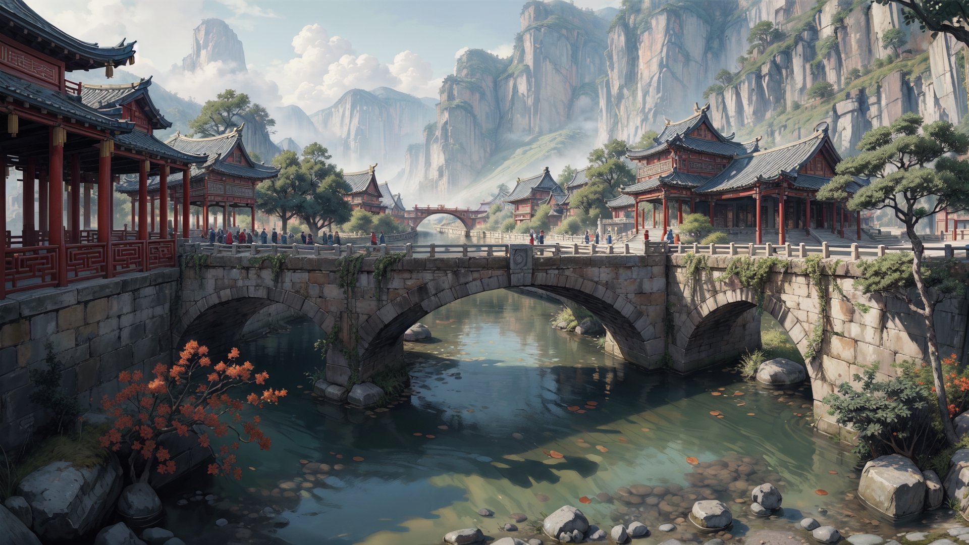 (masterpiece, best quality, highres, ultra detailed, detailed background:1.2),(No humans:1.3),Disney style,64k, ultra-detailed, ultra-accurate detail, bokeh lighting, near perfect, dynamic, highly detailed,pure background,Chinese landscape painting style, small bridge, flowing water,pastelbg