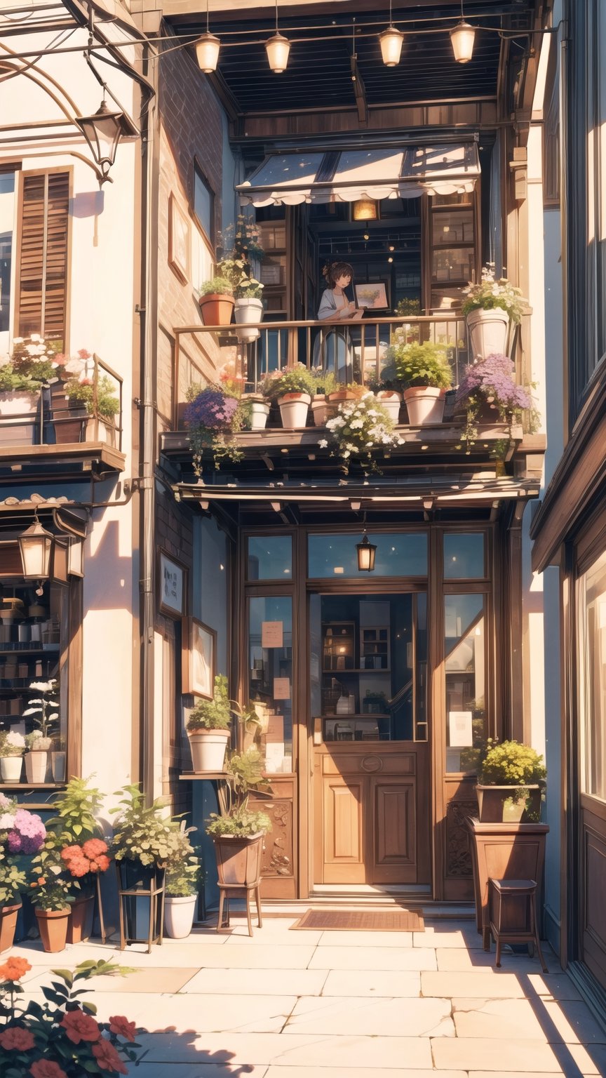 (masterpiece),((ultra-detailed)), (highly detailed CG illustration),(expressionless), (best quality:1.2), High quality texture, intricate details, detailed texture, High quality shadow, Cinematic Light, Depth of field, light source contrast, perspective, no humans

A building with a balcony with potted plants on the balcony, photorealistic painting by jeonseok lee, no splash, beautiful and aesthetic, cozy coffee shop background, cafe, art house aesthetic, flower shop scene, art house aesthetic, beautiful terrace, Pleasant and cozy atmosphere, cozy place, coffee shop