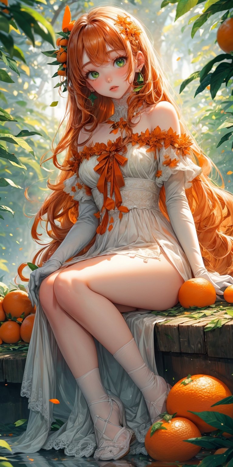 1girl, a girl sitting on a pile of oranges,((sitting on oranges)) ,( orange hair long),(curly hair:1.0), emerald green eyes,((cut orange earrings)),(holding an orange in his left hand:1.0),dress long white,(medium white lace gloves) ,body perfect,((long hair orange:1.4))
 night_dress white,babydoll white,bare shoulders, trees in the background, vivid colors, high quality, best quality, perfect light, dynamic,(pile of oranges:1.3),BrgEy,((masterpiece),high reflection, (green leaves falling effect:1.3),(16k),midnight,blurred background, close-up 