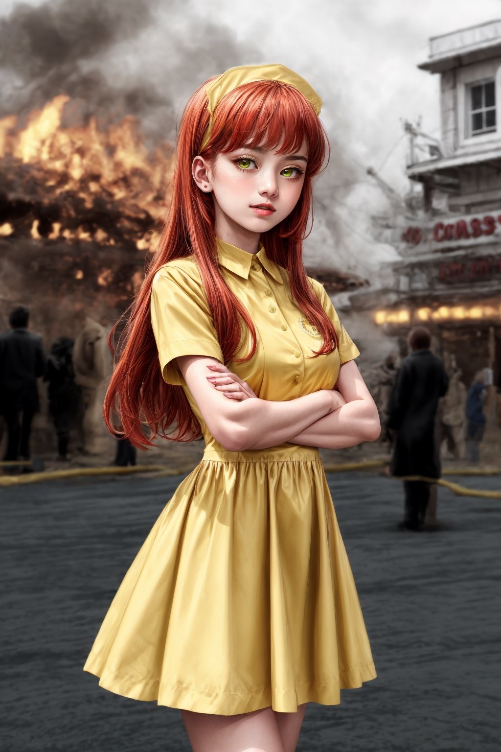 1girl, yellow waitress dress, red hair, green eyes,long hair, 1960s (style), crossed arms,looking_at_the_viewer,realhands,Color Booster,IncrsDisasterGirlMeme
