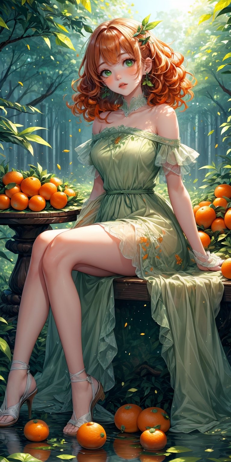 1girl, a girl sitting on a pile of oranges,((sitting on oranges)) ,( orange hair long),(curly hair:1.0), emerald green eyes,((cut orange earrings)),(holding an orange in his left hand:1.0),dress long white, body perfect, 
 night_dress white,babydoll white,bare shoulders, trees in the background, vivid colors, high quality, best quality, perfect light, dynamic,(pile of oranges:1.5),BrgEy,((masterpiece),high reflection, (green leaves falling effect:1.5)