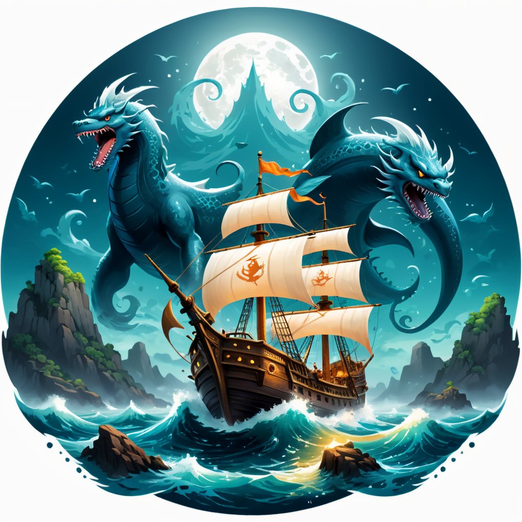 On a moonlit, mystical sea, Sinbad the Sailor navigates treacherous waters, (his ship surrounded by mythical creatures and awe-inspiring landscapes). (marine life:1.2), (sea monsters), atmospheric effects, epic, awe-inspiring scene, (logo:1.3), (simple white background), (icons:1.3), 