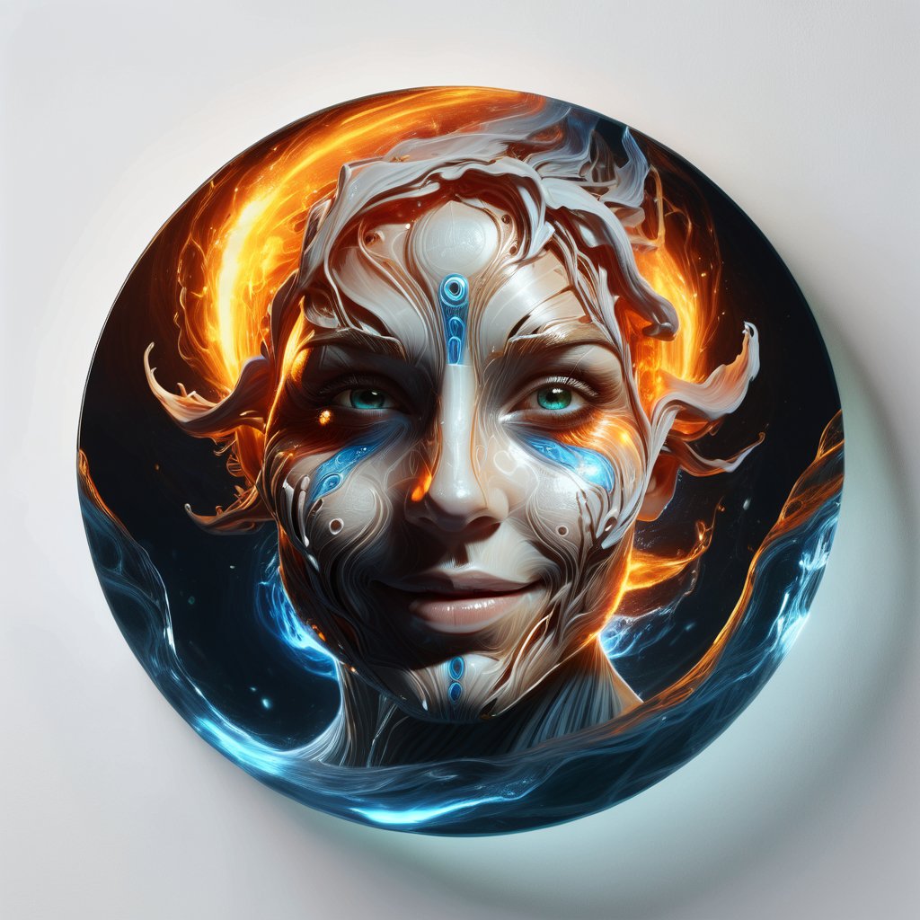 hyper detailed masterpiece, dynamic, awesome quality, expressive eyes, floating fiery water, DonMW15pXL, light smile, (clear edge lines), (dynamic angle), female, (looking at viewer), (bioluminescent), (glowing), (linquivera), liiv1, (circle icon), (content in the circle icon:1.3), (logo:1.3), (simple white background), realism, photorealism, 