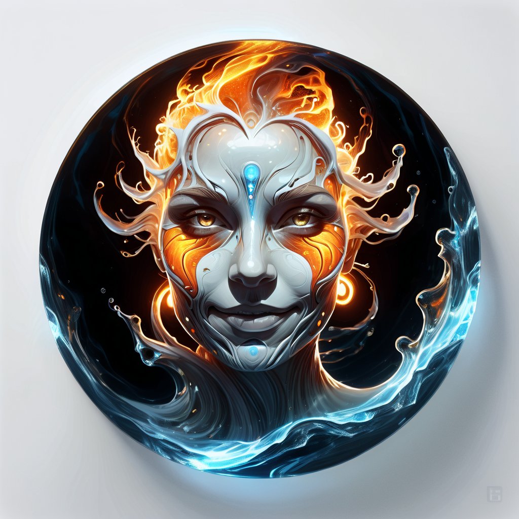 hyper detailed masterpiece, dynamic, awesome quality, expressive eyes, floating fiery water, DonMW15pXL, light smile, (clear edge lines), (dynamic angle), female, (looking at viewer), (bioluminescent), (glowing), (linquivera), liiv1, (circle icon), (content in the circle icon:1.3), (logo:1.3), (simple white background), realism, photorealism, 