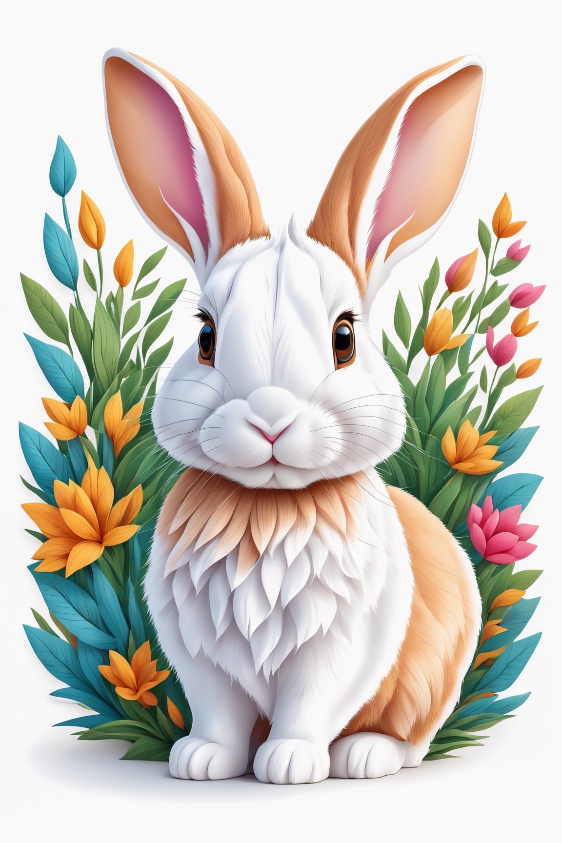 coloring graphic logo illustration of bunny, vector, intricate detail, bright color, solid white background, made with adobe illustrator, in the style of Studio Gibli, nature, 3d style, 3d,