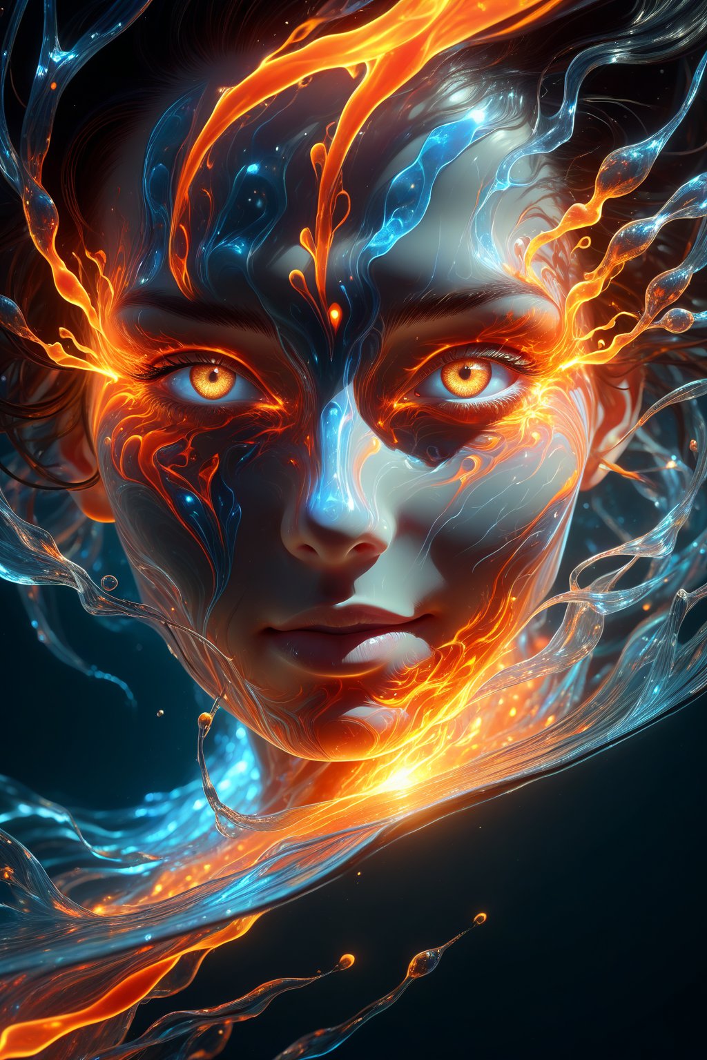 hyper detailed masterpiece, dynamic, awesome quality, expressive eyes, floating fiery water, DonMW15pXL, light smile, (clear edge lines), (dynamic angle), female, (looking at viewer), (bioluminescent), (glowing), (linquivera), liiv1, 