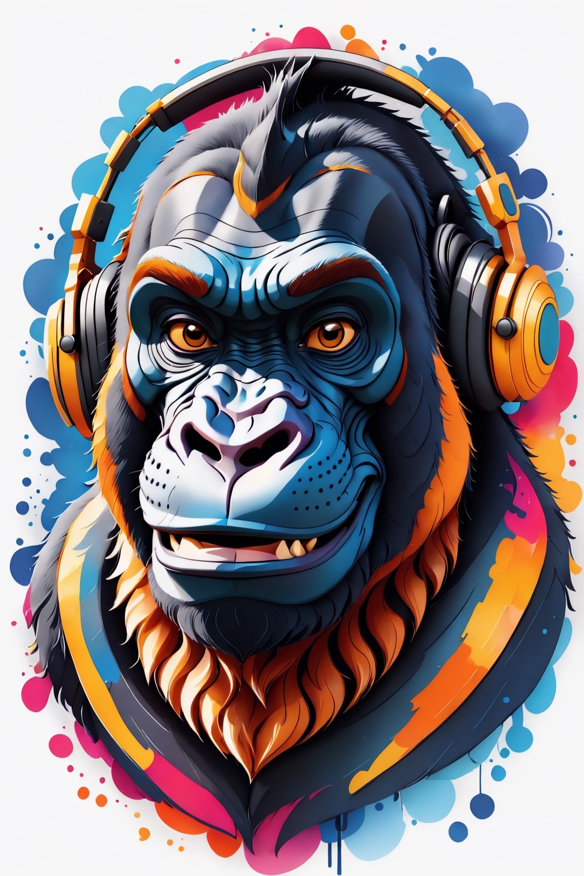 Leonardo Style, illustration, coloring graphic logo illustration of a smiling gorilla wearing headphones, looking at viewer, portrait, vector art, abstract watercolour design, intricate detail, bright color, solid white background, made with adobe illustrator, in the style of Studio Gibli, nature, oni style, 3d style