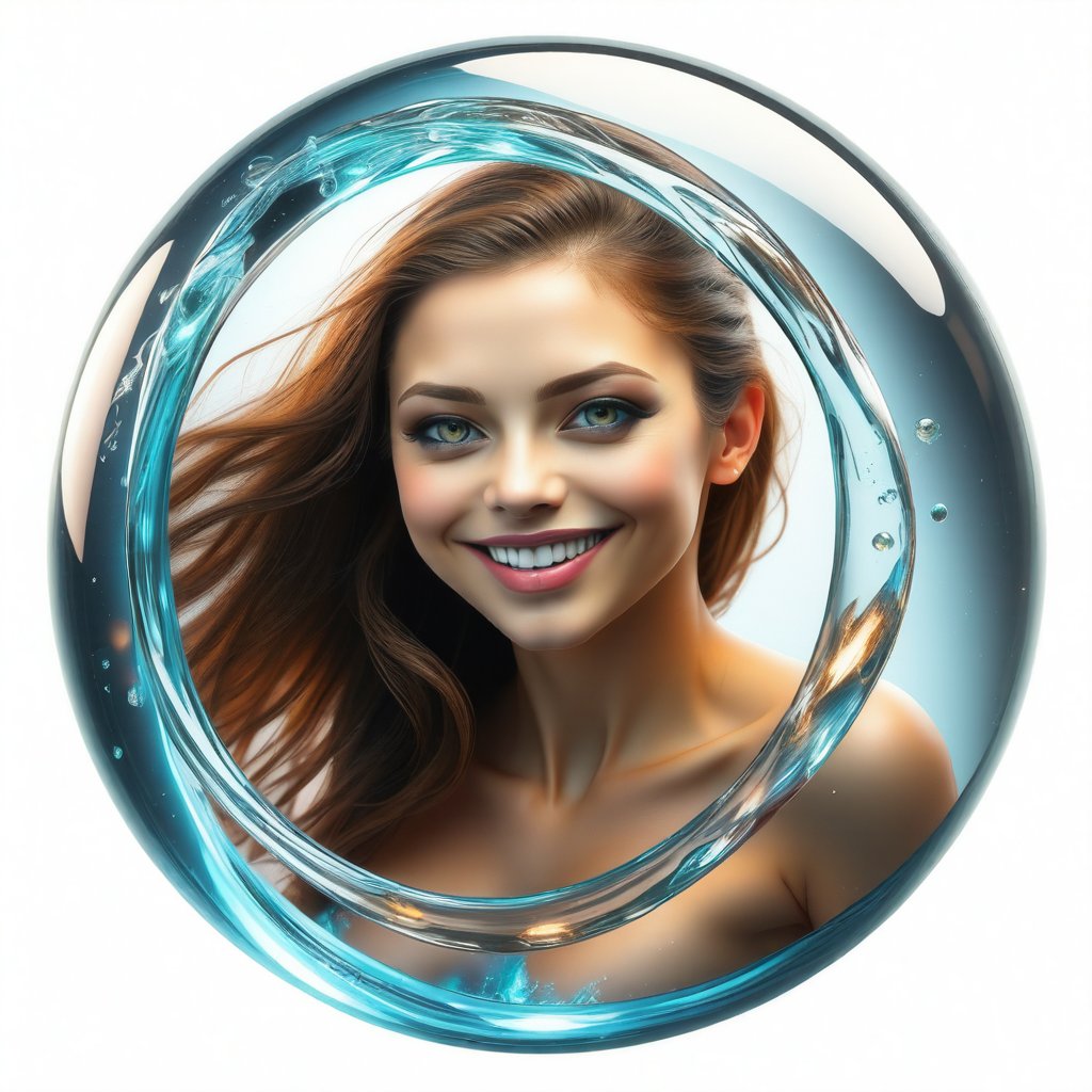 hyper detailed masterpiece, dynamic, awesome quality, expressive eyes, floating fiery water, DonMW15pXL, light smile, (clear edge lines), (dynamic angle), female, (looking at viewer), (bioluminescent), (glowing), (linquivera), liiv1, (circle icon), (content in the circle icon:1.3), (logo:1.3), (simple white background), (sphere:1.4), (ball:1.3), 