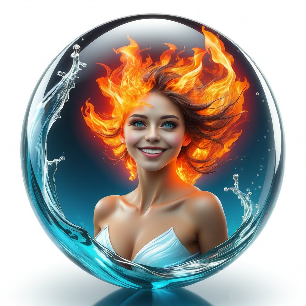 hyper detailed masterpiece, dynamic, awesome quality, expressive eyes, floating (fiery water), (fire:1.4), (water:1.4), light smile, (clear edge lines), (dynamic angle), female, (looking at viewer), (bioluminescent), (glowing), (linquivera), liiv1, (circle icon), (content in the circle icon:1.3), (logo:1.3), (simple white background), (sphere:1.4), (ball:1.3), 