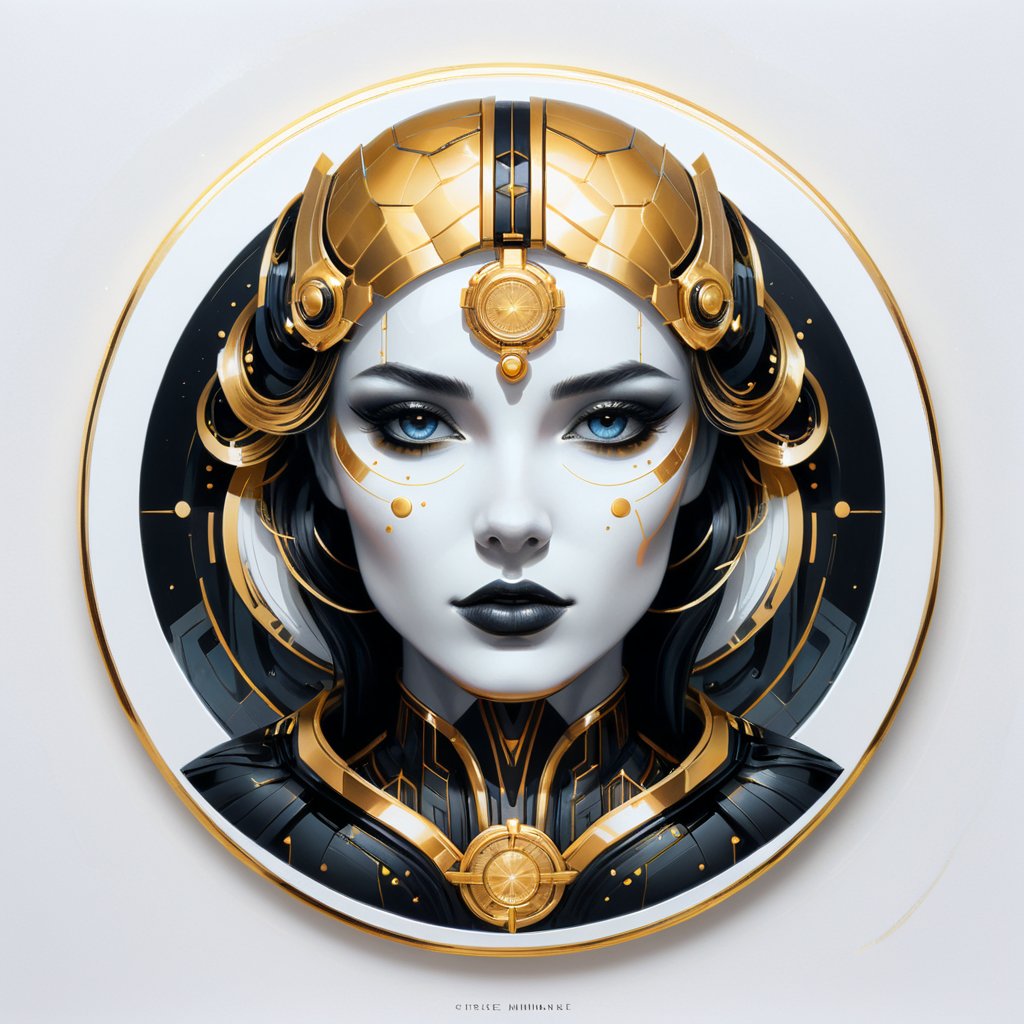 a portrait woman, dark influence, perfect symmetric eyes, by Rossdraws, Raphael, Louis Royo style, Dorian Vallejo style, gold and black, art Deco, Niji style, datanoshing, ink, Splash style, Abstract Art, abstract Tech, 3D, high definition, photo realistic, specified, cyberTech, (bioluminiscence:1.3), (circle icon), (content in the circle icon:1.3), (logo:1.3), (simple white background), 