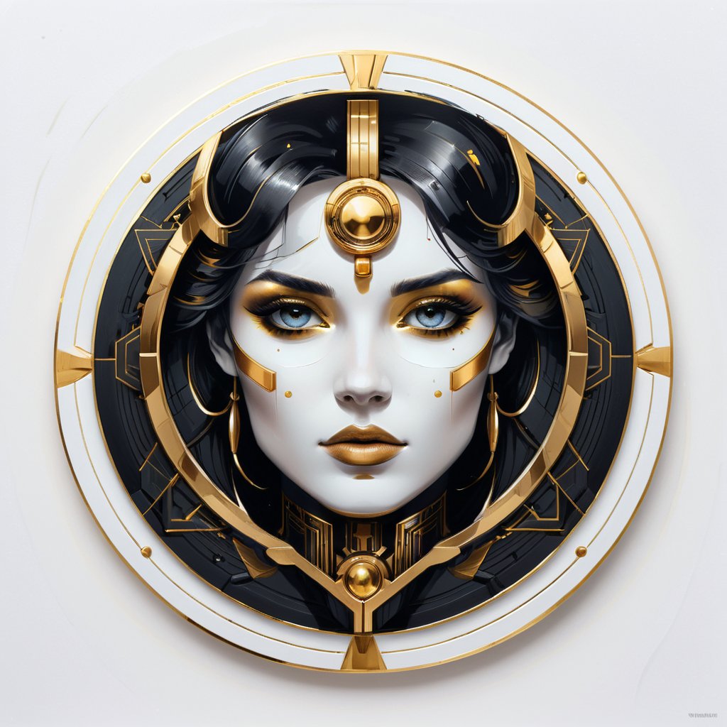 a portrait woman, dark influence, perfect symmetric eyes, by Rossdraws, Raphael, Louis Royo style, Dorian Vallejo style, gold and black, art Deco, Niji style, datanoshing, ink, Splash style, Abstract Art, abstract Tech, 3D, high definition, photo realistic, specified, cyberTech, (circle icon), (content in the circle icon:1.3), (logo:1.3), (simple white background), 