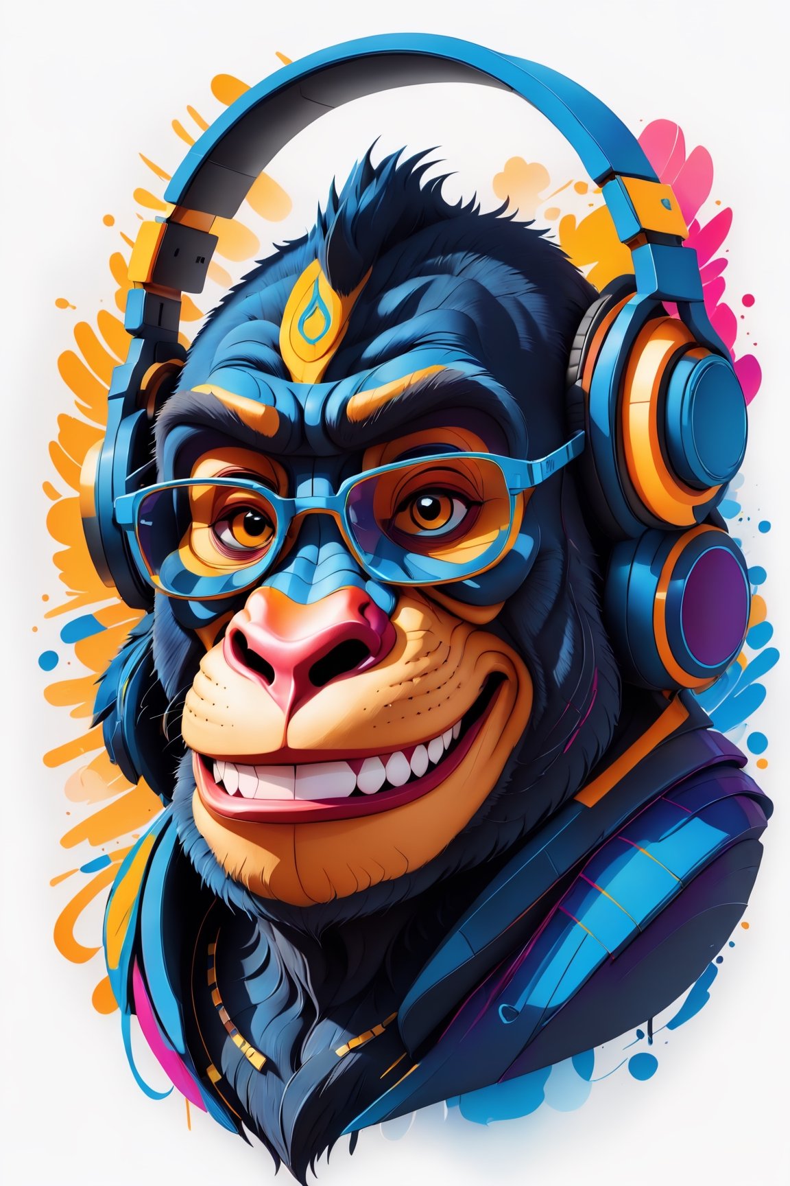 Leonardo Style, illustration, coloring graphic logo illustration of a smiling gorilla with glasses and headphones, cyberpunk, looking at viewer, portrait, vector art, abstract watercolour design, intricate detail, bright color, solid white background, made with adobe illustrator, in the style of Studio Gibli, nature, oni style, 3d style