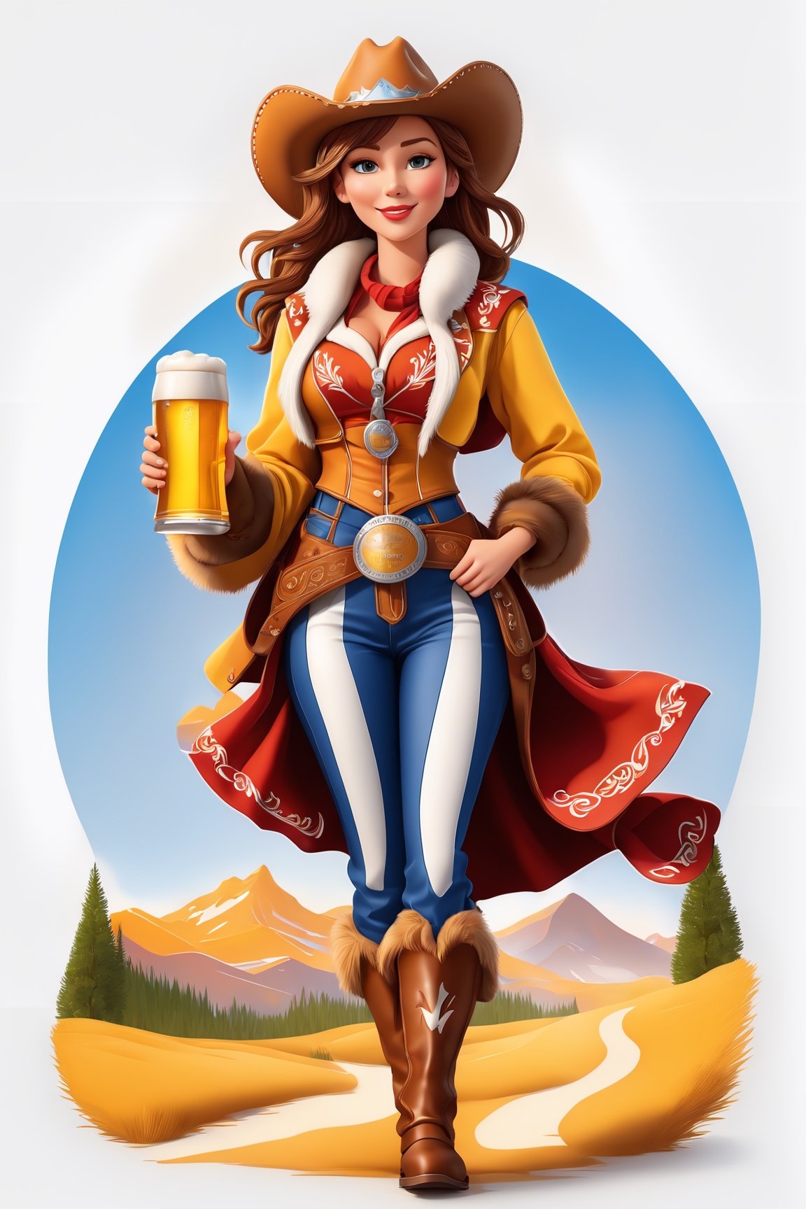 coloring graphic logo illustration of а cowboy girl is carrying beer, cowboy hat, fur collar, german clothes, text "Beer", vector, intricate detail, bright color, solid white background, made with adobe illustrator, in the style of Studio Gibli, 3d style, 3d, 3d render,3d style,3d,3d render