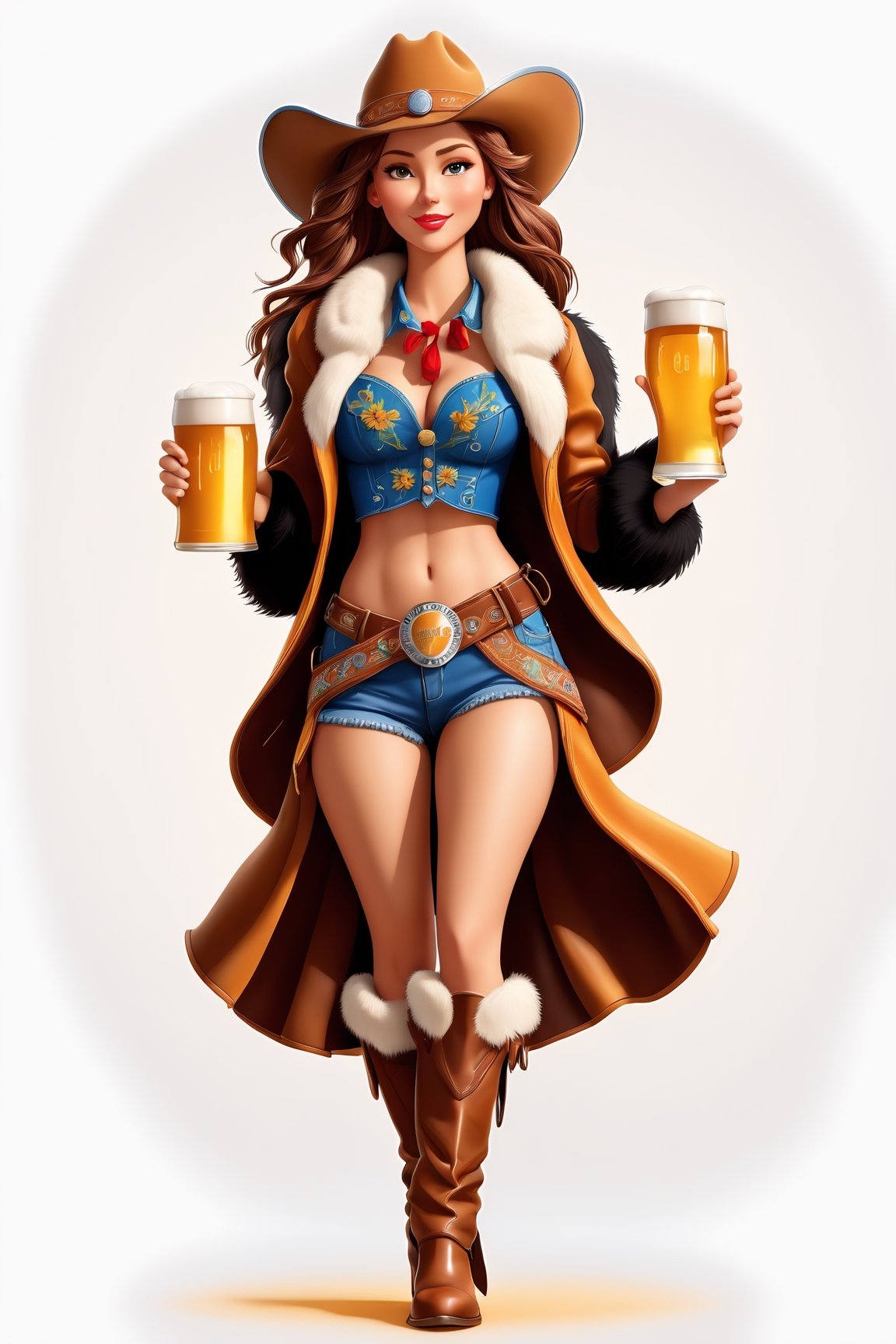 coloring graphic logo illustration of а cowboy girl is carrying beer, cowboy hat, fur collar, german clothes, text "Beer", vector, intricate detail, bright color, solid white background, made with adobe illustrator, in the style of Studio Gibli, 3d style, 3d, 3d render,3d style,3d,3d render