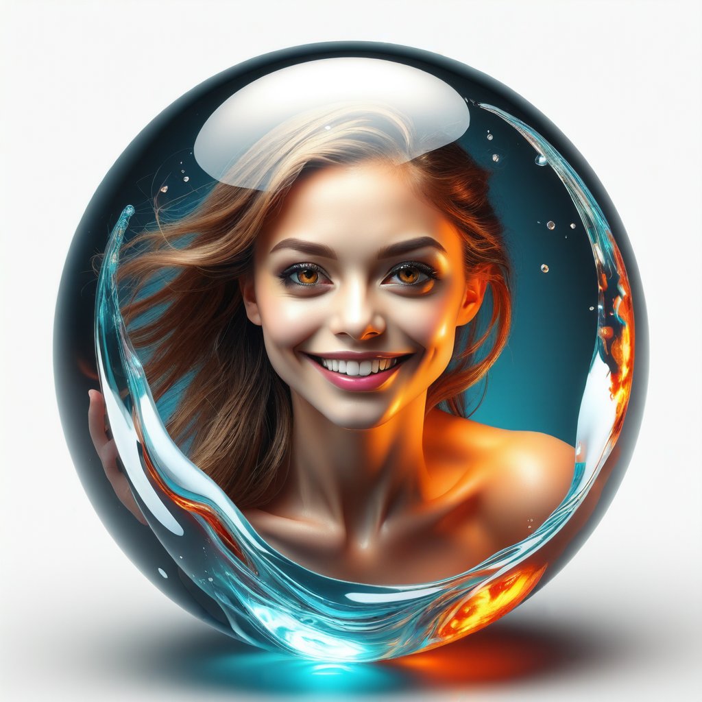 hyper detailed masterpiece, dynamic, awesome quality, expressive eyes, floating fiery water, DonMW15pXL, light smile, (clear edge lines), (dynamic angle), female, (looking at viewer), (bioluminescent), (glowing), (linquivera), liiv1, (circle icon), (content in the circle icon:1.3), (logo:1.3), (simple white background), (sphere:1.4), (ball:1.3), 