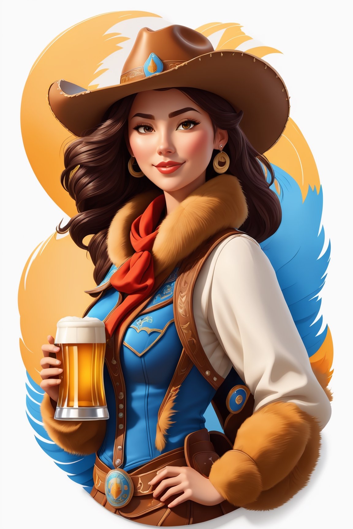 coloring graphic logo illustration of а cowboy girl is carrying beer, cowboy hat, fur collar, german clothes, vector, intricate detail, bright color, solid white background, made with adobe illustrator, in the style of Studio Gibli, 3d style, 3d, 3d render