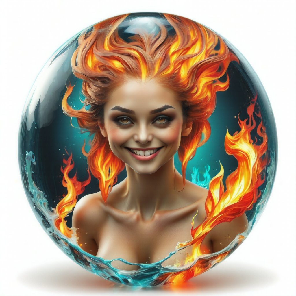 hyper detailed masterpiece, dynamic, awesome quality, expressive eyes, floating (fiery water), (fire:1.4), (water:1.4), (face from water:1.4), (hair from fire:1.4), (water skin:1.4), light smile, (clear edge lines), (dynamic angle), female, (looking at viewer), (bioluminescent), (glowing), (linquivera), (circle icon), (content in the circle icon:1.3), (logo:1.3), (simple white background), (sphere:1.4), (ball:1.3), 