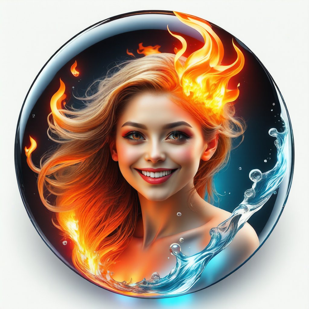 hyper detailed masterpiece, dynamic, awesome quality, expressive eyes, floating (fiery water), (fire:1.4), (water:1.4), light smile, (clear edge lines), (dynamic angle), female, (looking at viewer), (bioluminescent), (glowing), (linquivera), liiv1, (circle icon), (content in the circle icon:1.3), (logo:1.3), (simple white background), (sphere:1.4), (ball:1.3), 