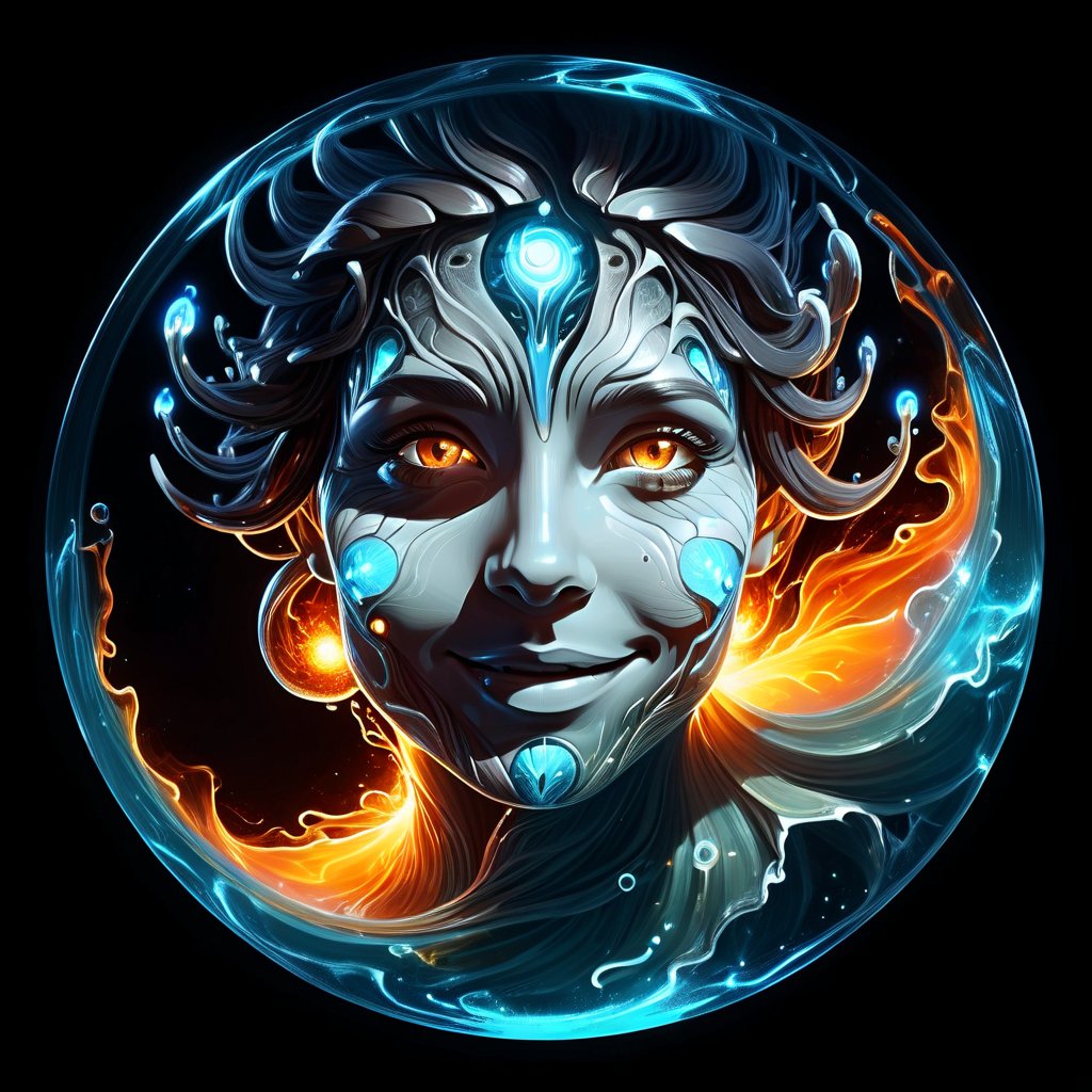 hyper detailed masterpiece, dynamic, awesome quality, expressive eyes, floating fiery water, DonMW15pXL, light smile, (clear edge lines), (dynamic angle), female, (looking at viewer), (bioluminescent), (glowing), (linquivera), liiv1, (circle icon), (content in the circle icon:1.3), (logo:1.3), (simple white background),