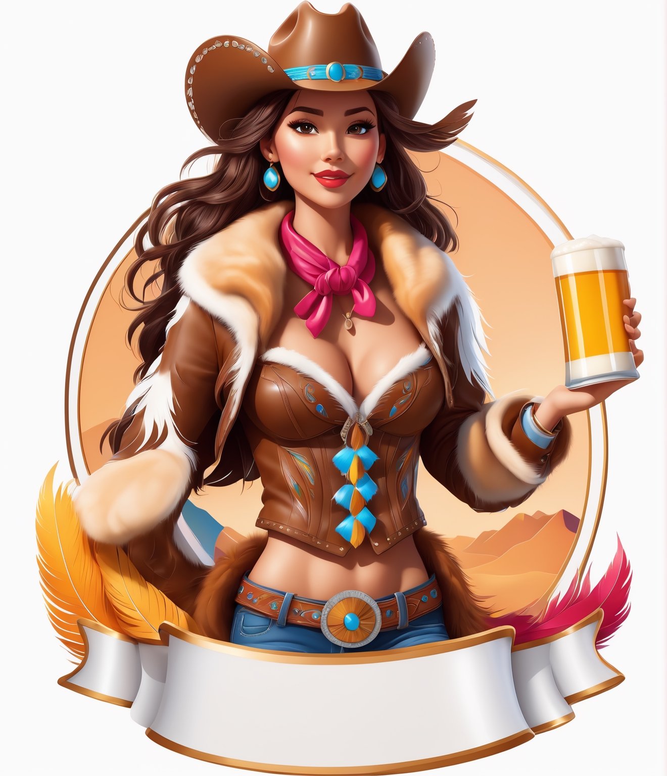 coloring graphic logo illustration of а cowboy girl is carrying beer, cowboy hat, feather boa, fur collar, vector, intricate detail, bright color, solid white background, made with adobe illustrator, in the style of Studio Gibli, 3d style, 3d, 3d render