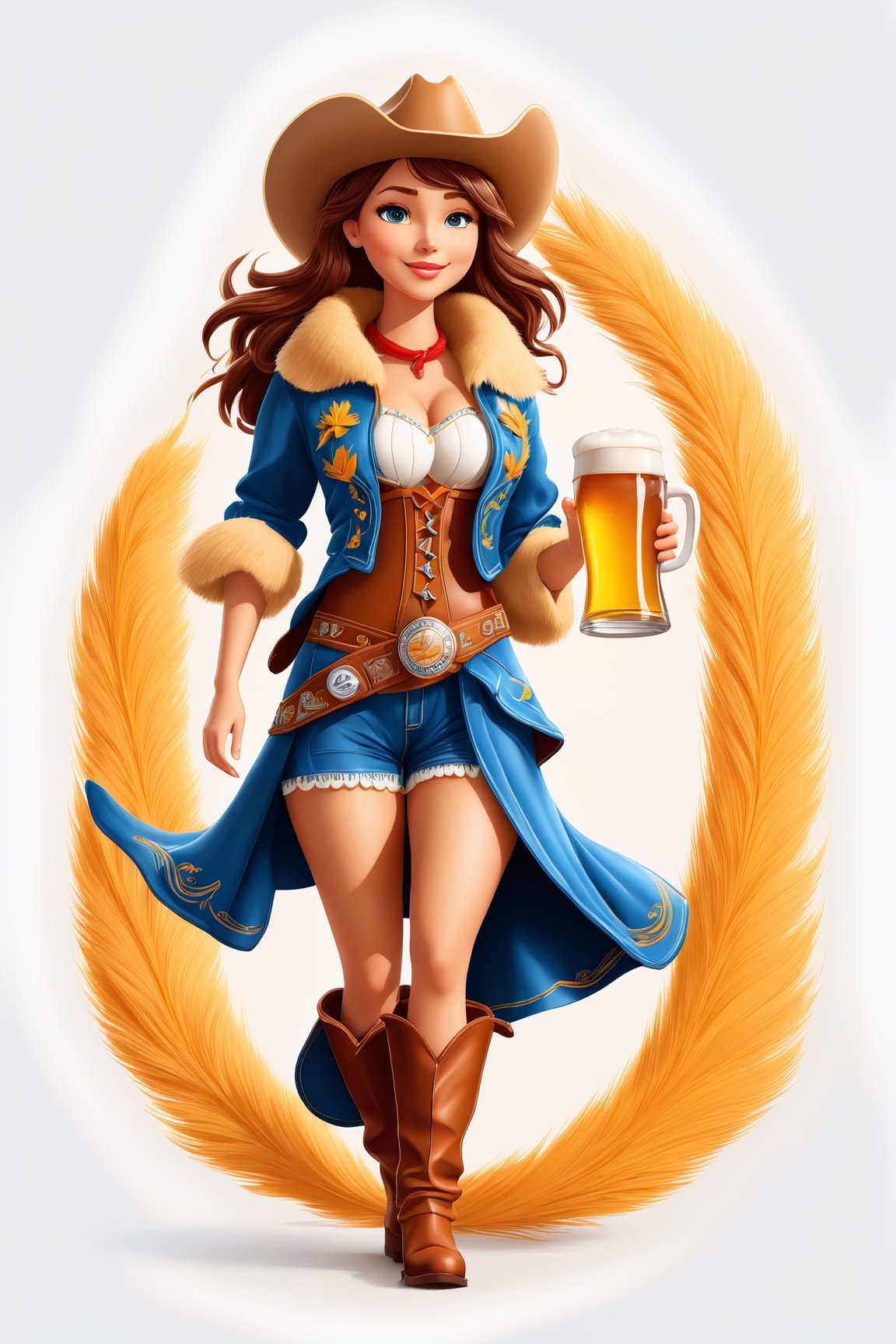 coloring graphic logo illustration of а cowboy girl is carrying beer, cowboy hat, fur collar, german clothes, ((text "Beer")), vector, intricate detail, bright color, solid white background, made with adobe illustrator, in the style of Studio Gibli, 3d style, 3d, 3d render,