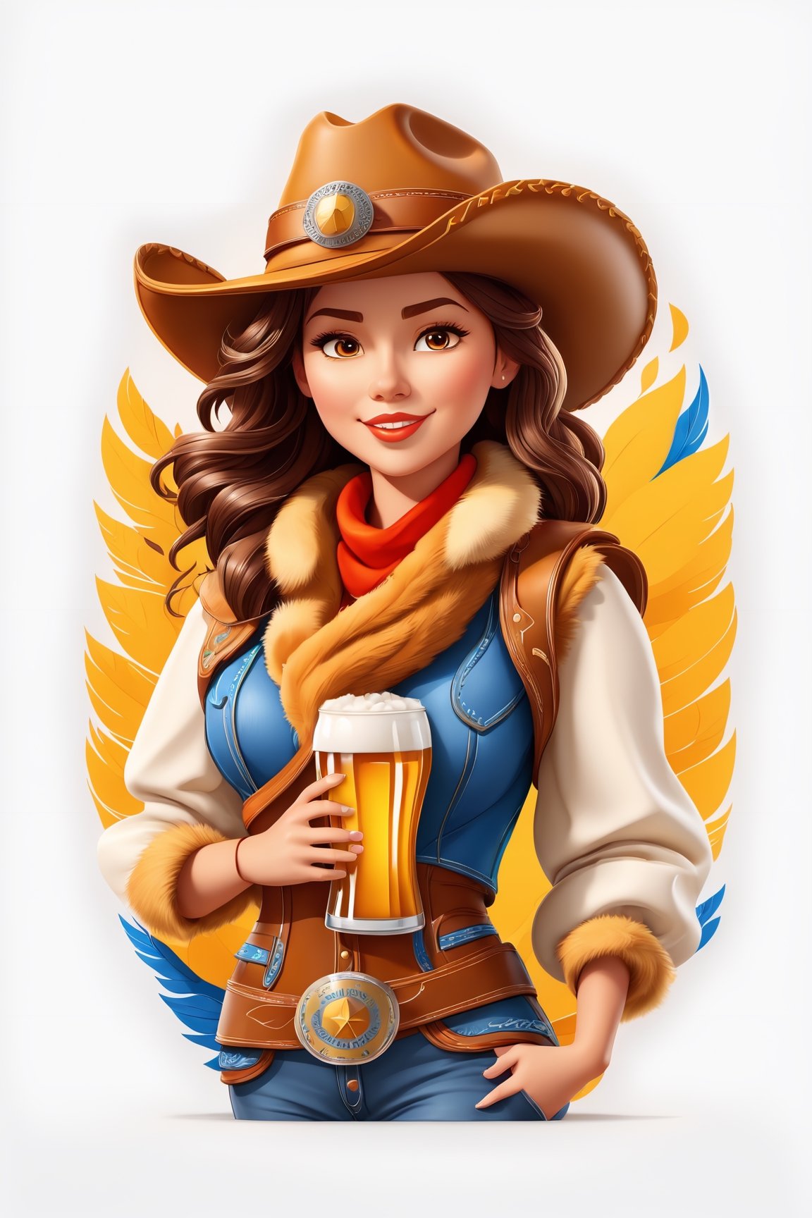 coloring graphic logo illustration of а cowboy girl is carrying beer, cowboy hat, fur collar, german clothes, vector, intricate detail, bright color, solid white background, made with adobe illustrator, in the style of Studio Gibli, 3d style, 3d, 3d render