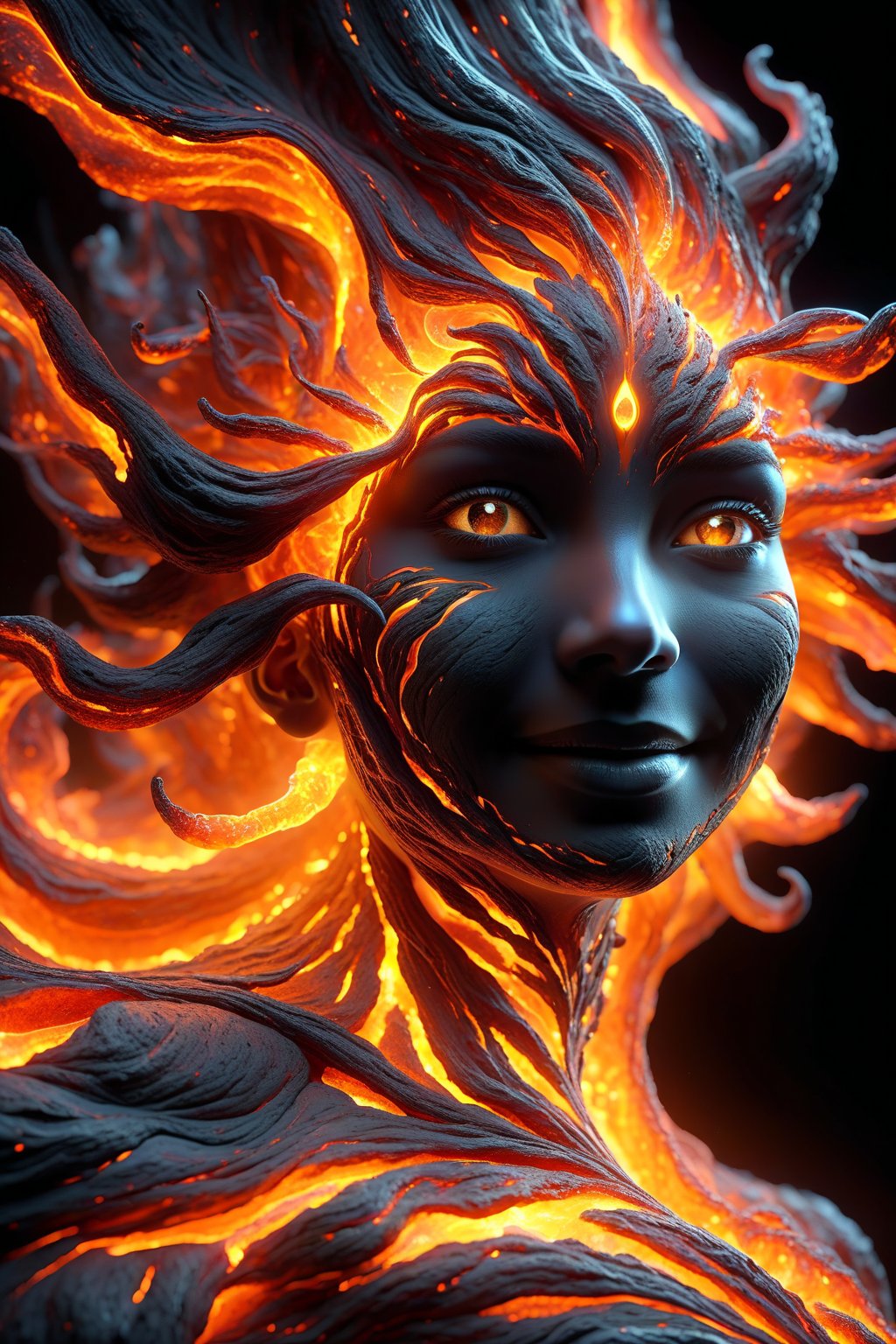 hyper detailed masterpiece, dynamic, awesome quality, expressive eyes, floating burning lava, DonMW15pXL, light smile, (clear edge lines), (dynamic angle), female, (looking at viewer), (bioluminescent), (glowing), (linquivera),