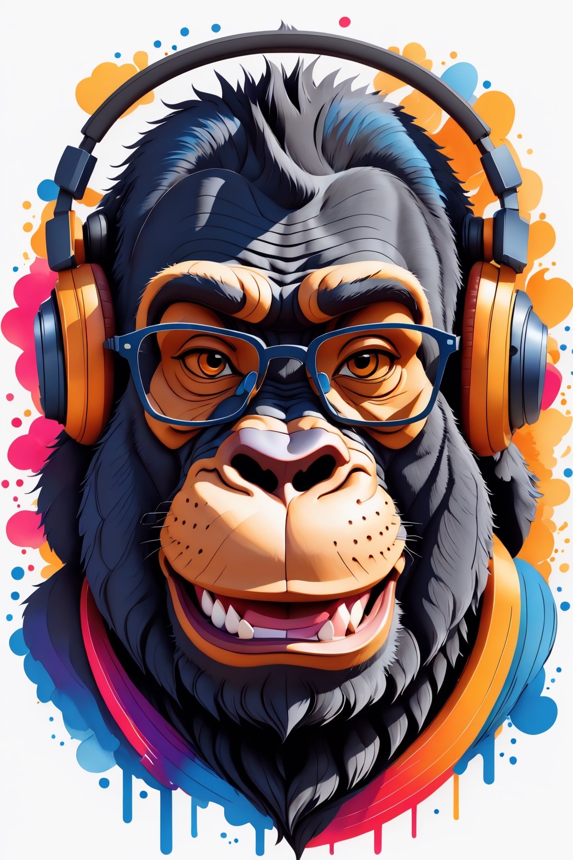 Leonardo Style, illustration, coloring graphic logo illustration of a smiling gorilla with glasses and headphones, looking at viewer, portrait, vector art, abstract watercolour design, intricate detail, bright color, solid white background, made with adobe illustrator, in the style of Studio Gibli, nature, oni style, 3d style