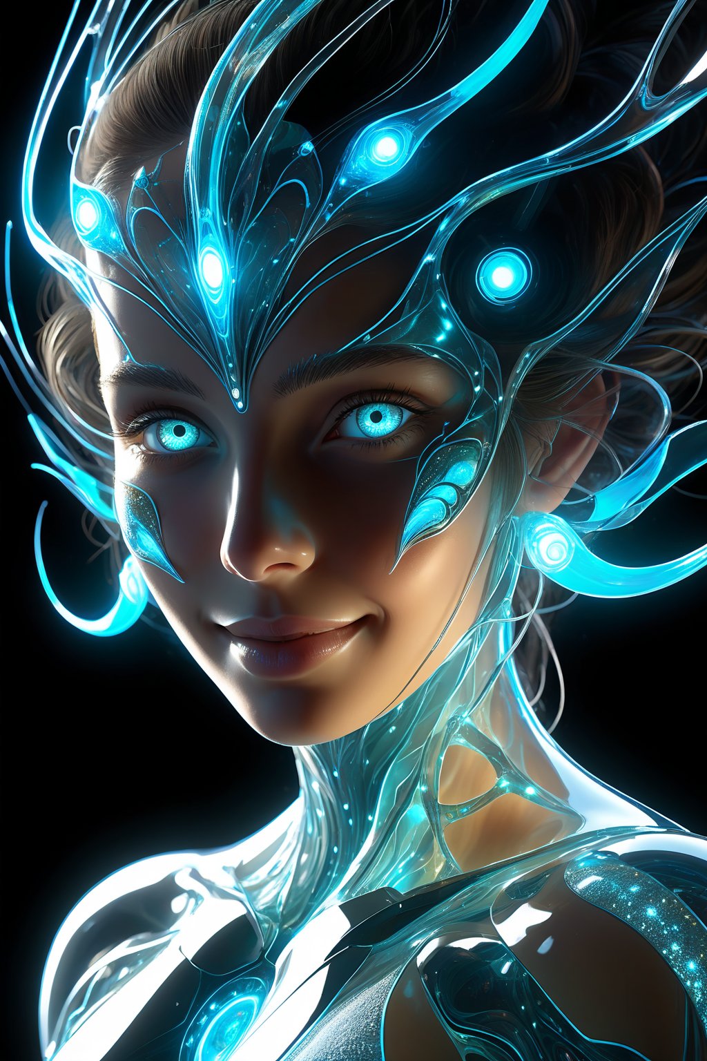 hyper detailed masterpiece, dynamic, awesome quality, expressive eyes, floating riwer, DonMW15pXL, light smile, (clear edge lines), (dynamic angle), female, (looking at viewer), (bioluminescent), (glowing), (linquivera),