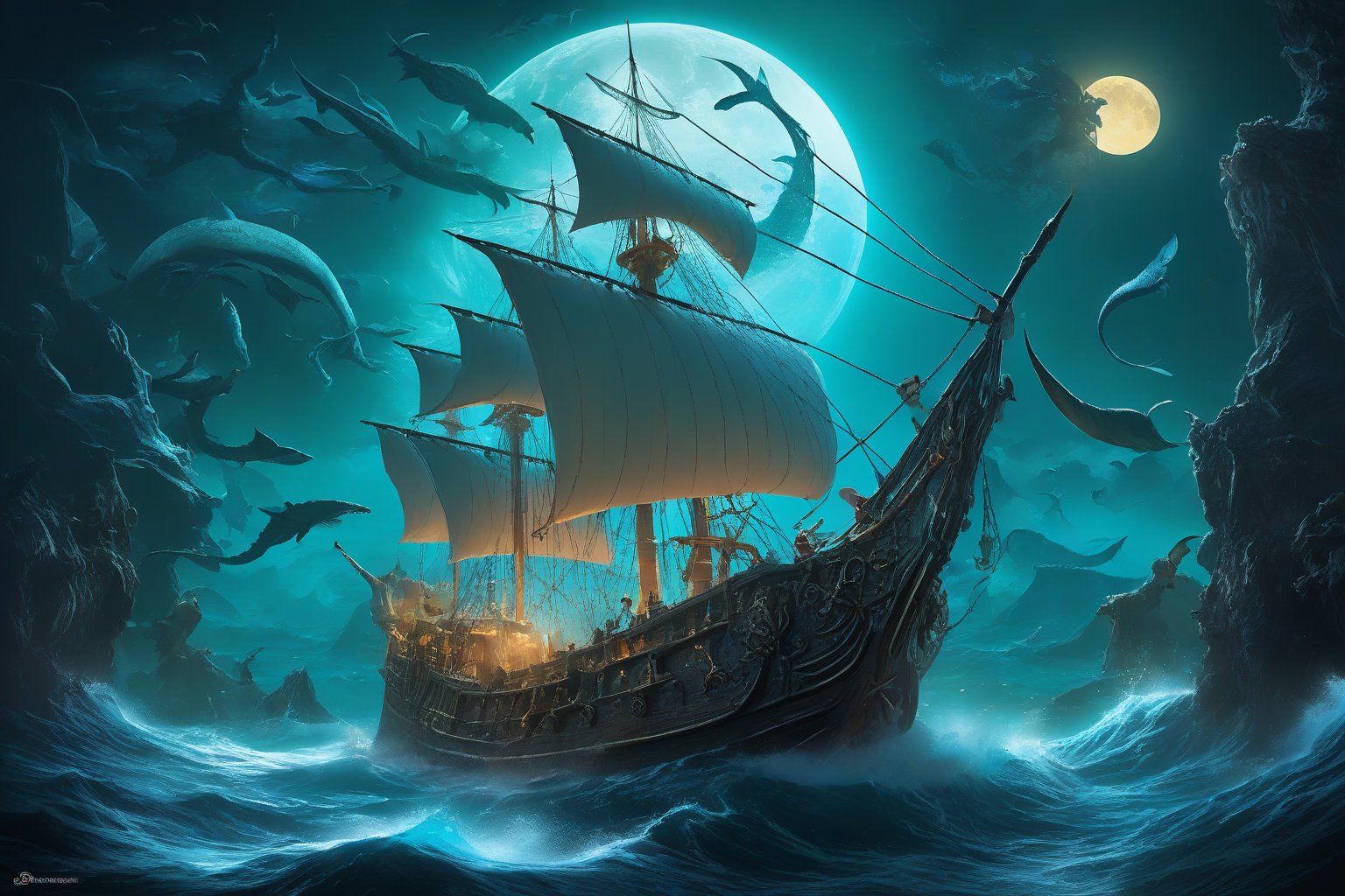 On a moonlit, mystical sea, Sinbad the Sailor navigates treacherous waters, (his ship surrounded by mythical creatures and awe-inspiring landscapes). (marine life:1.3), (sea monsters:1.3), atmospheric effects, epic, awe-inspiring scene, 