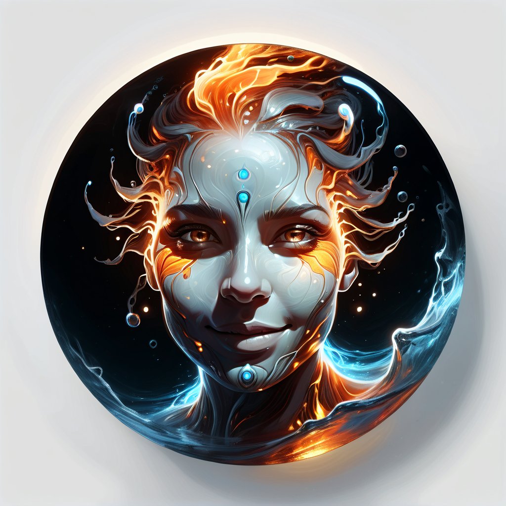 hyper detailed masterpiece, dynamic, awesome quality, expressive eyes, floating fiery water, DonMW15pXL, light smile, (clear edge lines), (dynamic angle), female, (looking at viewer), (bioluminescent), (glowing), (linquivera), liiv1, (circle icon), (content in the circle icon:1.3), (logo:1.3), (simple white background), realism, photorealism, 