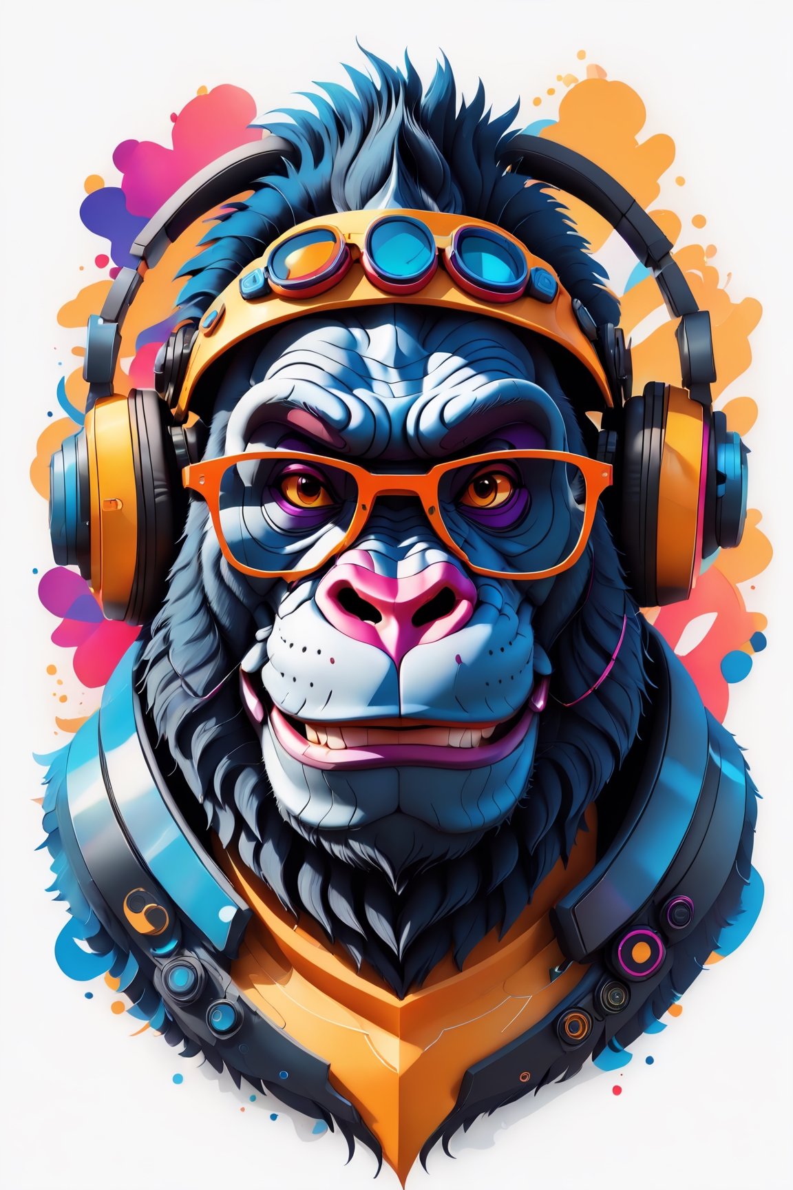 Leonardo Style, illustration, coloring graphic logo illustration of a smiling gorilla with cyberpunk glasses and headphones, cyberpunk, looking at viewer, portrait, vector art, abstract watercolour design, intricate detail, bright color, solid white background, made with adobe illustrator, in the style of Studio Gibli, nature, oni style, 3d style