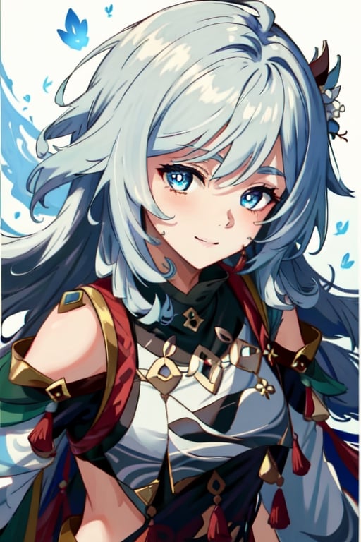 (masterpiece), best quality, expressive eyes, perfect face, perfect eyes, ((best quality)), ((highly detailed)), detailed face, beautiful face, (detailed eyes, deep eyes), girl, (((female))), big deep blue eyes, ((long voluminous hair)), ((white hair)), deep eyes, ((pelt tribal heavy clothes)), razor clothes, skinny, dirty, smile, character \(series\),character \(series\)