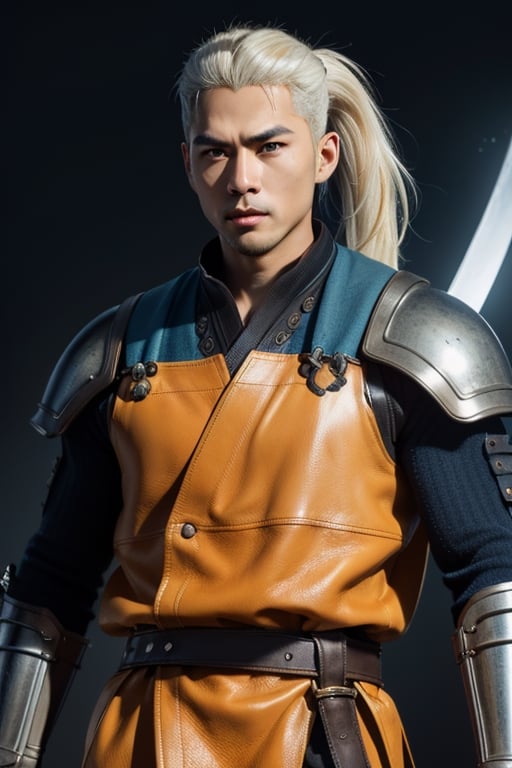 (masterpiece), best quality, expressive eyes, perfect face, centered, (platinum futuristic armor),  (futuristic dojo background), (male), (modern samurai), jinbaori, ((futuristic azure samurai leather long gillet)), (yellow highlights), blue, (white hair), (long ponytail), (futuristic katana at the belt), leather, jedi, young, blue, azure,