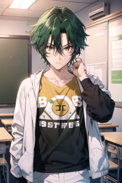 (masterpiece), best quality, best face, perfect face, a girl, lime_green hair, short hair, golden eyes, Suzuna, asymmetric bangs, male clothes, white jacket, white pants, technological classroom, yellow t-shirt, Haruka, rokuro_enmadou