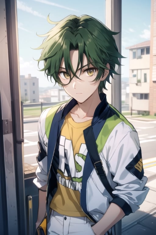 (masterpiece), best quality, best face, perfect face, a girl, lime_green hair, short hair, golden eyes, Suzuna, asymmetric bangs, male clothes, white jacket, white pants, technological classroom, yellow t-shirt, Haruka, rokuro_enmadou