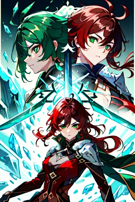 (masterpiece), best quality, expressive eyes, perfect face, perfect eyes, ((best quality)), ((highly detailed)), detailed face, beautiful face, (detailed eyes, deep eyes), female, big green eyes, ((long voluminous hair)), ((red hair)), deep eyes, ((dark red catsuit)), ((((2 swords)))), ((emerald green sword)), ((ice made frost sword)), character \(series\)