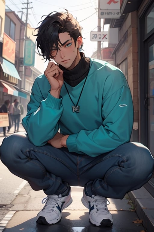 (masterpiece), best quality, expressive eyes, perfect faces, detailed faces, a man, black hair, tuft covering right eye, teal eyes, fullbody, slender, black turtleneck, jeans, sneakers, a single mole just under left eye, shy perfect hands, light blue transparent octahedron earring at left ear, wolf tooth necklace, silver ring at left thumb, grey socks, five fingers hands