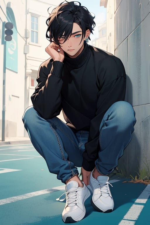 (masterpiece), best quality, expressive eyes, perfect faces, detailed faces, a man, black hair, tuft covering right eye, teal eyes, fullbody, slender, black turtleneck, blue jeans, sneakers, mole under left eye, shy perfect hands, light blue prism earring at left ear